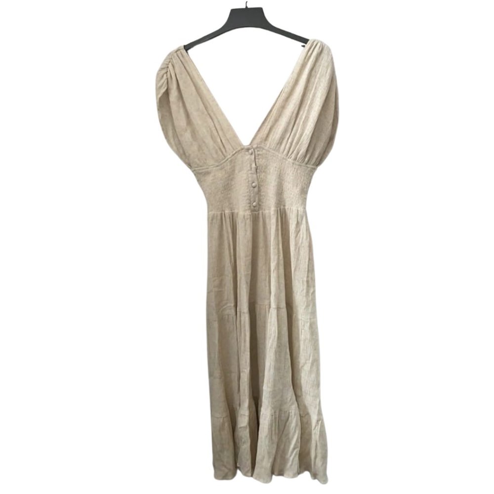 Deep V Neck Midi Dress in Off White